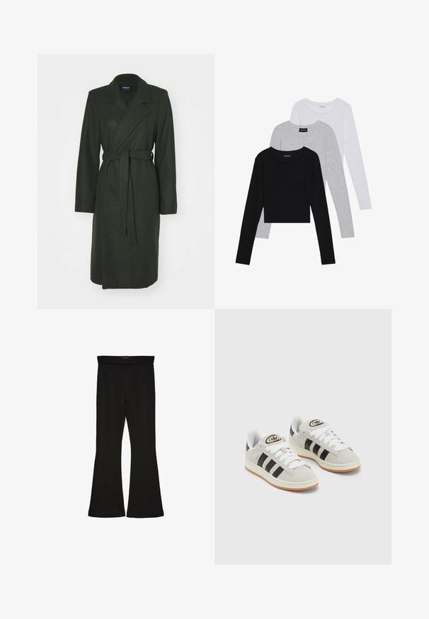 Palton lung din amestec de lână, de culoare verde închis, cu un design tip wrap, revere largi și un cordon în talie. Are mâneci lungi și o textură netedă.; Trei bluze cu mânecă lungă așezate: neagră, gri și albă. Fiecare are un guler rotund și un design scurt, realizat dintr-un material fin și ușor.; Leggings negre cu tiv evazat, realizate dintr-un material elastic. Au o talie largă și o textură fină, cu o siluetă ajustată care se lărgește la tiv.; Adidași din suede gri cu șireți albi, dungi negre și talpă din cauciuc alb. Prezintă un logo circular pe limbă și o talpă din cauciuc.