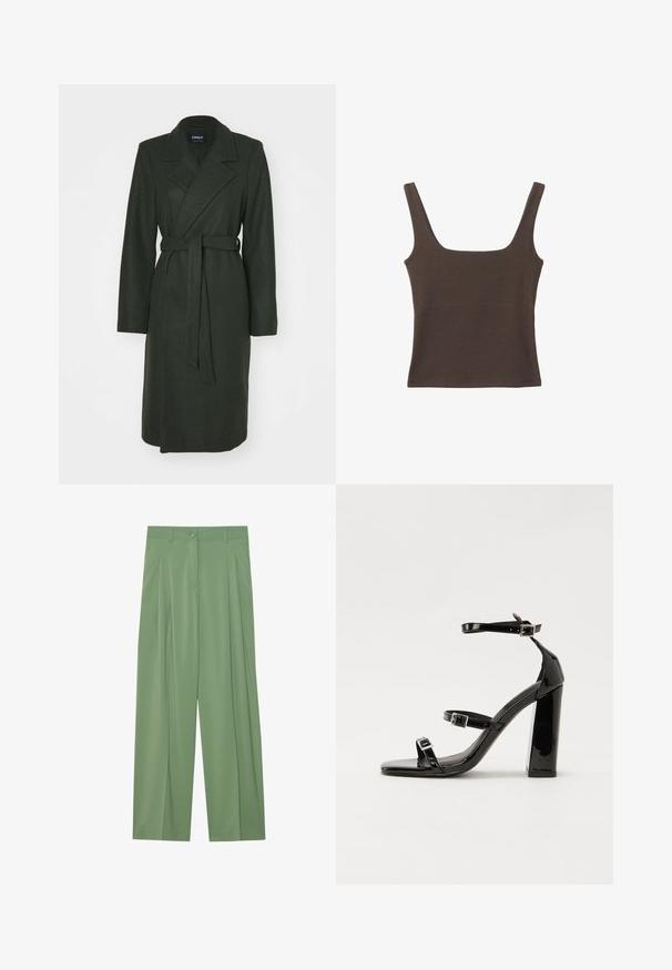 Tmavě zelený, dlouhý kabát z vlněné směsi s překládaným designem, velkými klopami a páskem v pase. Obsahuje dlouhé rukávy a hladkou texturu.; Hnědý bezramínkový top se čtvercovým výstřihem vyrobený z měkké, elastické tkaniny. Má přiléhavý design a ploché švy.; Zelené kalhoty s širokými nohavicemi vyrobené z hladkého materiálu. Mají skladby vpředu, jedno tlačítko na zapínání a poutka na pás.; Černé lakované sandály na podpatku se čtveratou špičkou, lýtkovými pásky a stříbrnými přezkami. Disponují masivním blokovým podpatkem pro stabilitu.