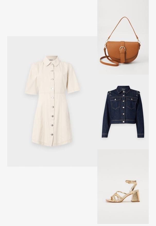 Mørkeblå denimjakke med cropped design, sølvknapper, to brystlommer og snøring på skuldrene.; Lett ermekjole i lys beige denim med kragesnitt, sølvknapper og en tilpasset kropp som blir videre ved kanten.; Gyldne metalliske hæle-sandaler med en strappy design, kvadratisk blokhælhæl og justerbar ankelrem med spænde. Glat tekstur.; Brun lærcrossbody-veske med en buet form, gullhardware og et spenneakcent. Har en avtakbar skulderreim.