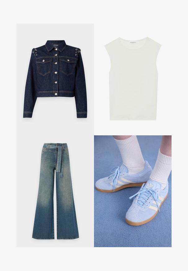 Tamsiai mėlynas džinsinis švarkas su trumpu siluetu, sidabriniais mygtukais, dviem krūtinės kišenėmis ir raištelių detalizavimu ant pečių.; Balta be rankovių palaidinė su apvaliu kaklu. Pagaminta iš lygios medžiagos, ji turi laisvą siluetą ir minimalistinį dizainą. Be raštų ar akcentų.; Platus džinsinis kelnes su šviesiai tamsiai mėlynu gradientu, aukštu juosmeniu, diržo kilpomis ir atitinkančiu audinio diržu. Textūruotas džinsinis paviršius.; Šviesiai mėlyni zomšiniai sportbačiai su baltais dryžiais, plokščiomis raištelėmis ir guminiais padais. Virš kulkšnies dėvimos raukšlėtos baltos kojinės.