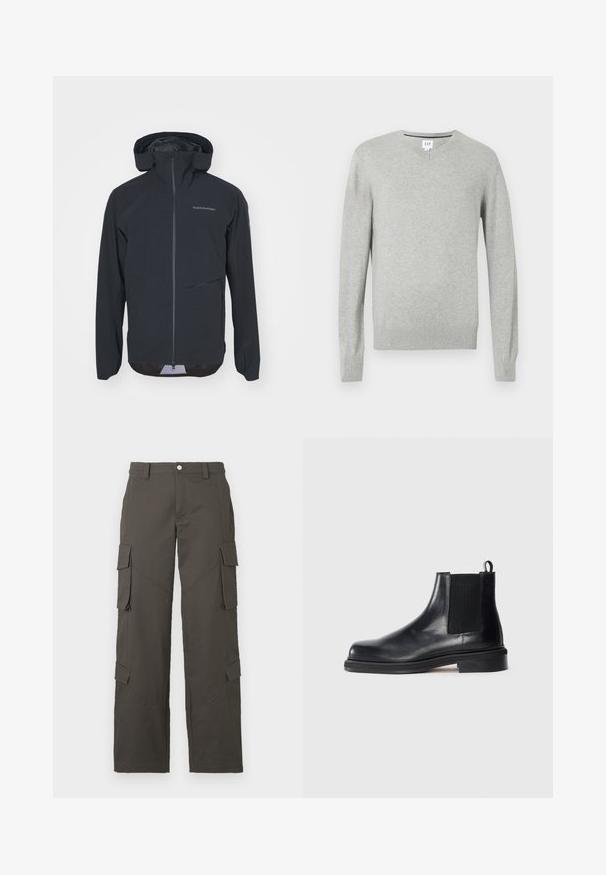 Black waterproof jacket with a fitted design, adjustable hood, front zipper, and side pocket. Smooth texture with minimal branding details.; Light gray sweater, v-neck design, long sleeves, ribbed cuffs and hem, soft texture. Brand label located at the neckline.; White cotton t-shirt with a crew neck, short sleeves, and a relaxed fit. Smooth texture, no patterns or embellishments.; Dark gray straight-leg cargo pants with button closure and four flap pockets, two on thighs and two near calves.; Black leather Chelsea boot with elastic side panel, round toe, pull tab at heel, and low stacked sole on plain background.