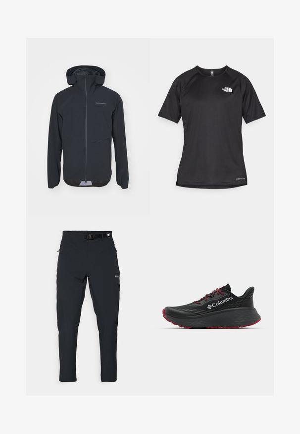 Black waterproof jacket with a fitted design, adjustable hood, front zipper, and side pocket. Smooth texture with minimal branding details.; Black short-sleeve athletic shirt with a textured fabric, featuring a white logo on the left chest and a straight hem.; Columbia ESSENTIAL HIKE™ PANT - Outdoor trousers - black; Black athletic shoe with textured upper, red laces, and logo. Thick sole with patterned tread for traction. Minimalist design, side view.
