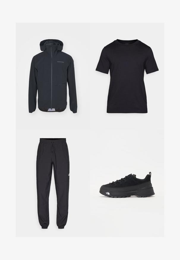 Schwarze wasserdichte Jacke mit taillierter Passform, verstellbarer Kapuze, Frontreißverschluss und Seitentasche. Glatte Textur mit minimalen Markenlogo-Details.; Schwarzes T-Shirt aus glattem Stoff mit Rundhalsausschnitt und kurzen Ärmeln. Dezente Markenlogo-Druck in Schwarz auf der Brust.; Schwarze Sporthosen aus leichtem Stoff, mit einem Kordelzugbund, seitlichen Taschen und schmal zulaufenden Bündchen an den Knöcheln.; Schwarzer Outdoorsneaker mit einem Obermaterial aus Wildleder, strukturierter Gummisohle und robustem Schnürsystem. Verfügt über eine verstärkte Ferse und das Markenlogo an der Seite.