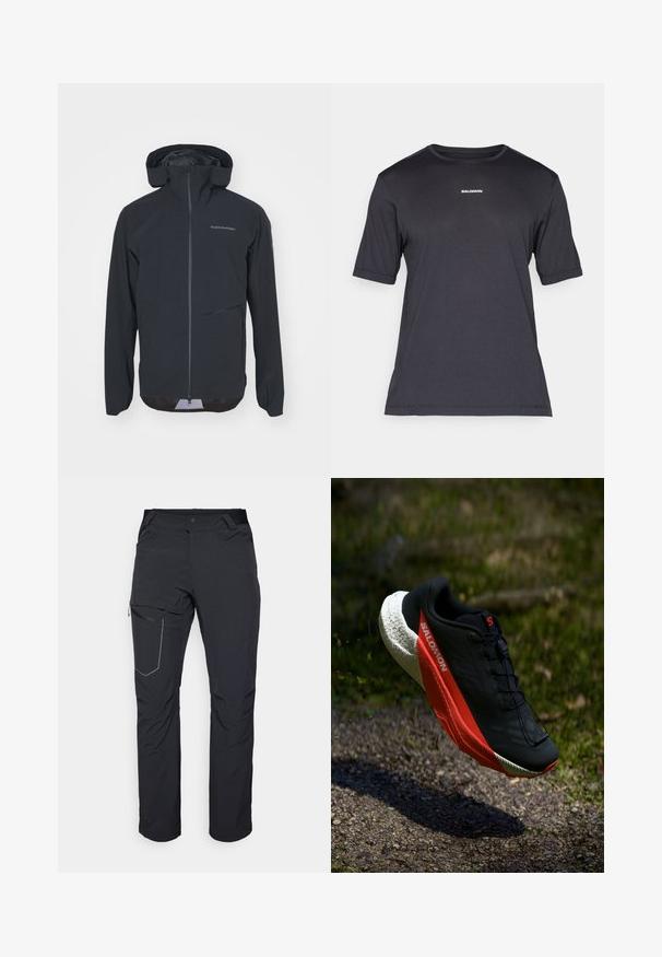 Schwarze wasserdichte Jacke mit taillierter Passform, verstellbarer Kapuze, Frontreißverschluss und Seitentasche. Glatte Textur mit minimalen Markenlogo-Details.; Schwarzes Kurzarm-Performance-T-Shirt aus atmungsaktivem Material, mit einem runden Halsausschnitt und kleinem weißen "SALOMON"-Logo auf der Brust.; Schwarze Outdoor-Hosen mit einem Reißverschlusstaschen an den Oberschenkeln, elastischem Bund und glattem, wasserabweisendem Stoff. Sauberes Design ohne sichtbare Logos.; Schwarzer Laufschuh mit roten Akzenten, leichtem Mesh-Obermaterial, strukturiertem weißen Sohle und Schnürsystem. Entwickelt für Leistung und Komfort.