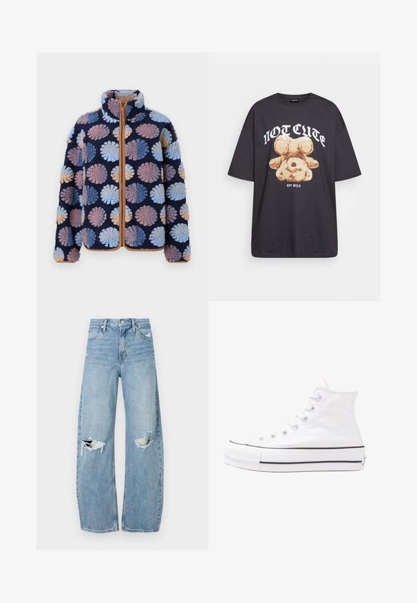 Fleece bunda s námořnickým základem a velkými texturovanými tečkami v světle modré, růžové a béžové barvě, přední zip a vysoký límec.; Černé oversized tričko s grafikou medvěda a textem „NENÍ CUTE, ALE DIVOKÝ“ v tučném bílém písmu. Bavlněný materiál.; Světle modré džíny s vysokým pasem vyrobené z denimu. Mají široké nohavice, dvě roztržené oblasti na kolenou a klasický pětikapsový střih.; Bílé vysoké plátěné tenisky s černou gumovou podrážkou, přední gumovou špičkou a šesti očky na tkaničky, se čistým, minimalistickým designem.