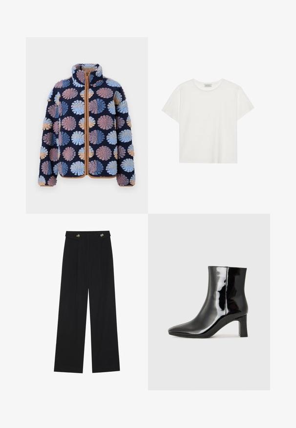 Siltinātā jakā ir tumši zilā pamatkrāsa ar lieliem teksturētiem punktiem gaiši zilā, rozā un bēšā krāsā, priekšējā rāvējslēdzis un augsts apkakle.; Balts īsām piedurknēm T-krekls, kas izgatavots no mīksta kokvilnas. Tam ir apaļš izgriezums un brīvs piegriezums. Tīrs dizains bez redzamām rakstiem vai akcentiem.; Melnas platās bikses ar augstu jostasvietu, pogu detaļām uz jostas un priekšējām krokām.; Melnas patentētas ādas potīšu zābaki ar norādītu pirkstu un vidēja augstuma kvadrātveida papēdi. Gluda tekstūra un minimālisma dizains.