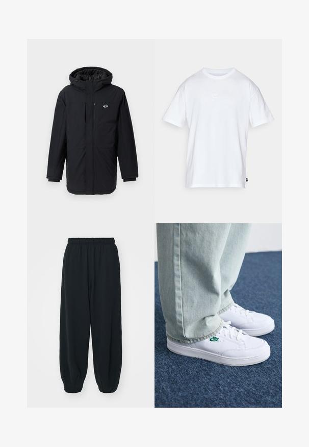 Fekete, kapucnis, szigetelt dzseki, elülső cipzárral és oldalsó zsebekkel, sima, könnyű anyagból készült. Logo a bal mellen.; Fehér pamut póló, rövid ujjakkal és kerek nyakkivágással. Jellemzője egy kis, diszkrét Nike logó a mellkason és egy oldalsó címke.; Fekete, rugalmas derékpántos melegítőnadrág, laza fit, véget érő szárakkal, sima textúrával, látható minták vagy hardver díszek nélkül.; Fehér bőr sportcipők zöld Nike logóval, kerek orral, lapos talppal, világoskék farmernadrággal párosítva, kék szőnyegen bemutatva.