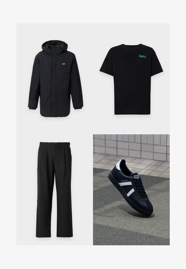 Črna izolirana jakna s kapuco, z nastavljivo zadrgo na sprednji strani in stranskimi žepi, izdelana iz gladke, lahke tkanine. Logotip na levi strani prsnega koša.; Črna majica iz bombaža z kratkimi rokavi. Na sprednji strani ima zeleno logotip "ROOTS", okroglo ovratnico in standardno prileganje.; Jack & Jones JPSTBILL JJDAYTONA WIDE - Hlače - black; Črne usnjene superge z belimi črtami, teksturiran gumijast podplat in zavezovanje spredaj. Imajo označeno oznako na ježku.