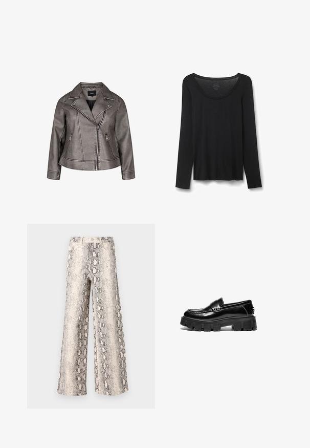 Grå konstläderjacka med notched krage, asymmetrisk dragkedjestängning och dragkedjefickor på sidorna. Har detaljerad sömnad genomgående.; Svart långärmad T-shirt i mjukt material. Har en bred rund halsringning och en lös passform med rak bottom. Inga synliga mönster eller detaljer.; Breda byxor i ettormönster, med en kräm- och grå färgskala, tillverkade av texturerad tyg med en hög midja.; Svarta läderloafers med tjock gummisula, dekorativ rem tvärs över ovandelen och kontrasterande vit söm. Slät textur med rundad tå.