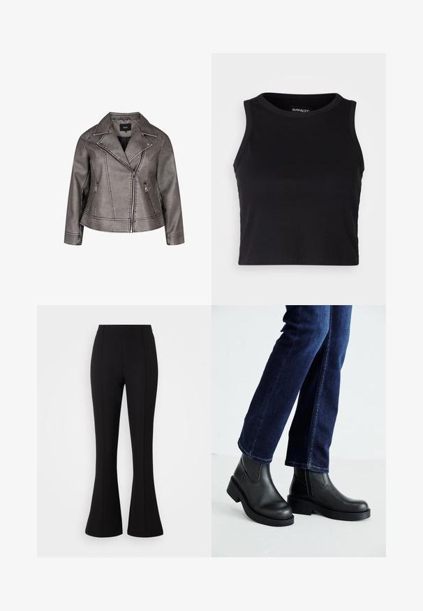 Hallidehalli hallide nahast jakk, millel on nurga all krae, ebaühtlane lukuga kinnitamine ja lukuga küljetaskud. Omab detailset õmblemist kogu ulatuses.; Mustard ribaga lõhikuga crop top, millel on ümar kaelus ja ilma varrukateta disain. Valmistatud pehmest ja venivast kangast, millel on puhtad äärised.; Mustad flared püksid, mis on valmistatud venivast kangast, sujuva tekstuuriga, kõrge vöökohaga ja esitõmmete detailidega.; Mustad mustad nahast sääre kõrgused saabastega, millel on paks tald ja küljel elastsed paneelid, kombineeritud tumedate siniste teksadega. Maapind on heledat värvi.