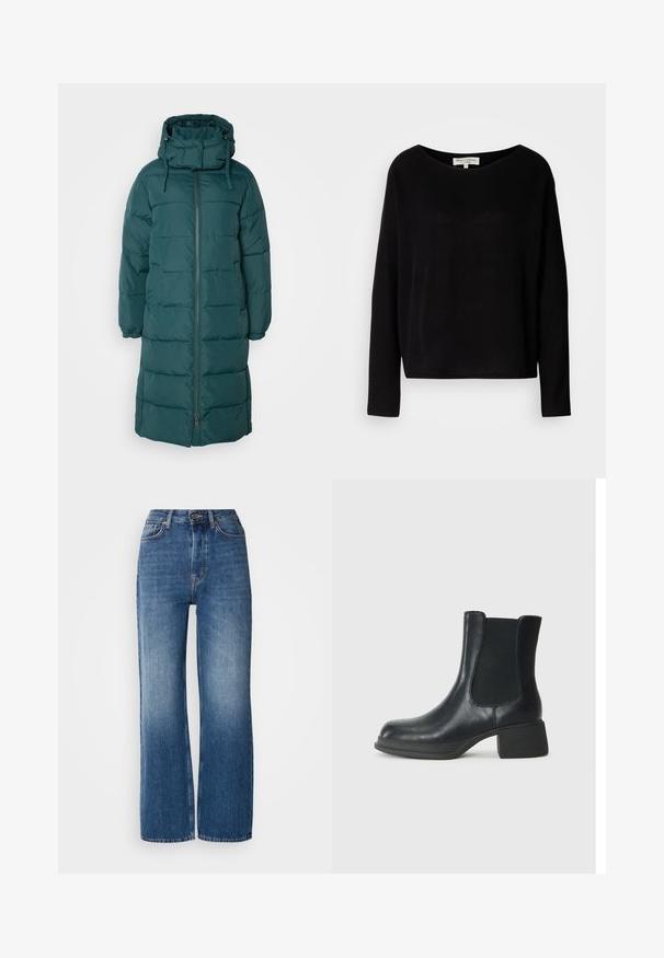 Lang, mørkegrønn puffjakke med høy hals, justerbar hette og sidelommer. Har kviltete tekstur og glidelås foran.; Svart langermet skjorte laget av mykt materiale, med vid rund hals og avslappet passform, uten synlige mønstre eller hardvarer.; Høytlivde, vide ben, blå denimjeans med gradientvask, kobbersting, frontlukking med knapp og fem lommer.; Sorte skinn ankle boots med elastiske sidepaneler, rund tå og en lav blokk hæl. Overflaten har en jevn tekstur og minimal detaljering.