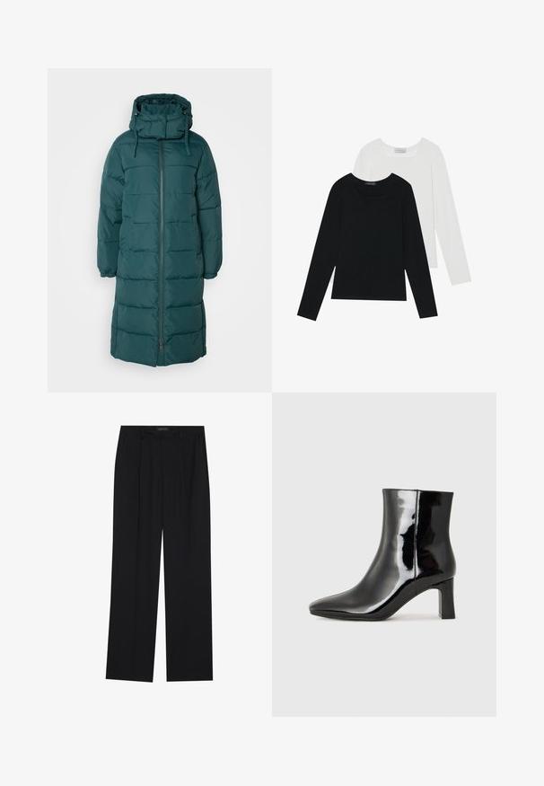 Dlouhá, tmavě zelená péřová bunda s vysokým límcem, nastavitelnou kapucí a bočními kapsami. Má prošívanou texturu a přední zip.; Dvě dlouhé rukávy, jedna černá a jedna bílá, obě s čtvercovým výstřihem a vyrobené z měkké a elastické látky.; Černé kalhoty se střihem rovného nohavice, které mají dvě přední kapsy a pas. Vyrobené z hladkého, lehkého materiálu.; Černé lakované kotníkové boty s špičatou špičkou a středně vysokým blokovým podpatkem. Hladká textura a minimalistický design.