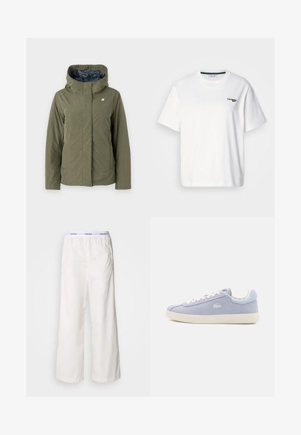 Giacca verde oliva con cappuccio, realizzata in un tessuto morbido. Presenta una zip frontale, tasche laterali e un piccolo logo argentato sul petto sinistro.; T-shirt bianca in cotone con una vestibilità morbida, dotata di un logo ricamato verde sul lato sinistro del petto e colletto tondo. Tessuto morbido.; Pantaloni bianchi a gamba larga con una fascia elastica in vita che presenta un logo Calvin Klein a contrasto. Realizzati in un tessuto morbido, offrono una vestibilità comoda.; Sneakers in suede azzurro chiaro con punta tonda, suola in gomma bianca e lacci bianchi. Presentano un logo inciso in modo discreto sul lato.