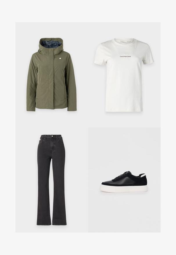 Giacca verde oliva con cappuccio, realizzata in un tessuto morbido. Presenta una zip frontale, tasche laterali e un piccolo logo argentato sul petto sinistro.; T-shirt bianco in cotone con maniche corte e collo a giro, caratterizzato da un piccolo logo ricamato "Calvin Klein Jeans" in marrone scuro. Design semplice.; Jeans neri a vita alta e a zampa d'elefante in denim, con chiusura a bottoni, passanti per cintura e tasche laterali. Texture liscia con minimal fading.; Sneaker nera con pannelli in pelle liscia e suede, lacci piatti, punta arrotondata e suola in gomma bianca. Logo distintivo sul tallone.