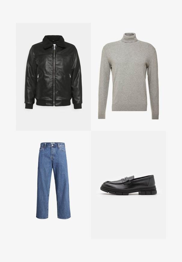 Lindbergh JACKET - Kunstnahast jakk - black; Hall hall eesmise kraega ja pikkade varrukatega hall kootud sviiter. Valmistatud siledast ja pehmest materjalist, millel on vormitud disain ja soonikdetailid ääres.; Heledad sinine teksapüksid sirge säärega, kõrge taljega ja minimaalse õmblustehnikaga. Kangas on pehme ja kergelt pleekinud tekstuuriga.; Mustad musta naha sussid sujuva viimistlusega, esiosal rihmaga detail ning paksu kummitaldaga, mis on kaunistatud soontega.