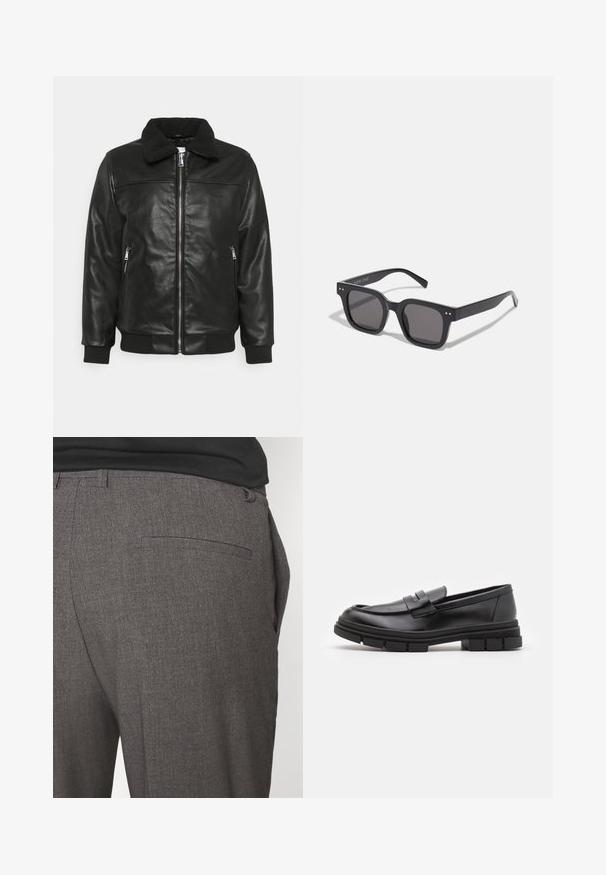 Lindbergh JACKET - Giacca in similpelle - black; Maglione a collo alto nero realizzato in morbido materiale knit. Presenta maniche lunghe, colletto e orlo a costine. Design semplice e lineare senza motivi.; Pantaloni grigi su misura con una texture liscia, dotati di una sola tasca posteriore e un design slim fit. Il tessuto presenta un motivo sottile.; Mocassini in pelle nera con finitura liscia, dotati di un dettaglio di cinturino anteriore e di una suola in gomma spessa con accenti scanalati.; Occhiali da sole neri rettangolari con lenti scure, dotati di una montatura spessa, accenti sottili sui lati e senza loghi visibili oltre al nome del marchio.; Orologio in metallo con quadrante nero, numeri bianchi e display della data. Presenta un bracciale in acciaio inossidabile e una resistenza all'acqua di 100 metri.