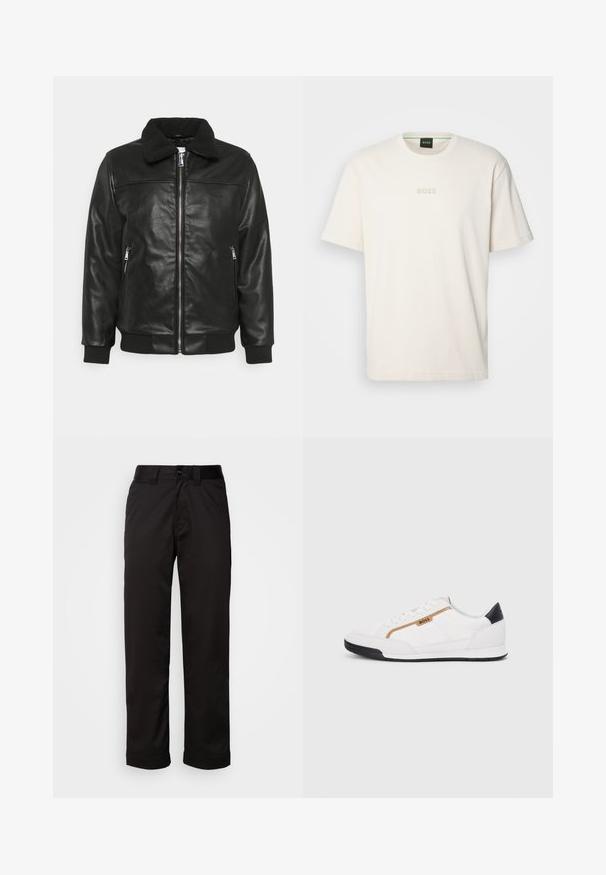 Lindbergh JACKET - Dirbtinės odos striukė - black; BOSS TEE - Paprasti marškinėliai - open white; Juodos kelnės, pagamintos iš lygaus audinio, su užtrauktuku, mygtuko uždarymu ir sukietintais riešais neformaliam dizainui.; Balti sportiniai bateliai su tinklinėmis ir odinėmis detalėmis. Yra auksinė "BOSS" logotipas, tekstūruoti šonai ir juodas kulno dangtelis. Guminis padas.