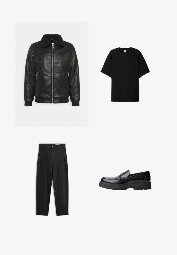 Lindbergh JACKET - Bunda z umělé kůže - black; Černé krátké rukávy s žebrovaným vzorem, kulatým výstřihem a volnějším střihem, s texturovaným povrchem. Jednoduchý design; bez grafiky nebo akcentů.; Černé bavlněné kalhoty s uvolněným střihem, klasickým pasem, předními záhyby a bočními kapsami. Hladká textura bez vzorů.; Černé kožené mokasíny s masivní podrážkou a dekoračním páskem přes horní část, zobrazené v levém bočním profilu na bílém pozadí.