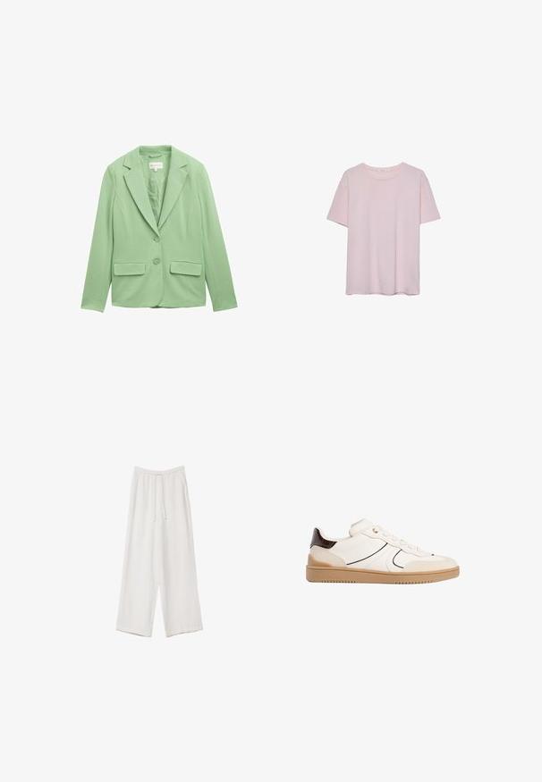 Blazer vert clair en tissu lisse. Il possède un col cranté, deux poches avant et deux boutons au centre, créant une allure ajustée.; T-shirt en coton rose clair avec des manches courtes, un col rond et une coupe décontractée. Texture lisse et design simple, sans motifs ni accents supplémentaires.; Pantalons larges blancs en tissu léger. Dotés d'une taille élastique avec cordon de serrage et de poches latérales. Texture lisse.; Stradivarius Baskets basses - white