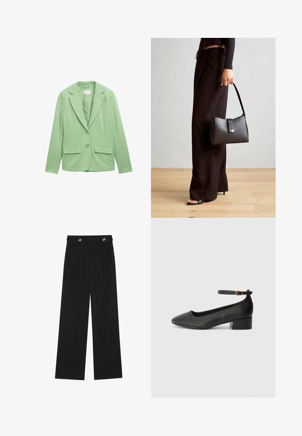 Világoszöld blézer sima anyagból. Jellemzője a kifli gallér, két elülső zseb és két gomb a középen, amelyek egy testre szabott megjelenést kölcsönöznek.; Fekete, rövid ujjas póló, széles dekoltázzsal. Puha, könnyű anyagból készült. Egyszerű, mintás vagy díszítés nélküli dizájn.; Fekete, bő szárú nadrág magas derékkal, gombos részletekkel a derékrészen és elülső pliszékkal.; Fekete bőr magassarkú cipő hegyes orral és alacsony tömb sarkal. Bokapánttal rendelkezik, aranyszínű csattal. Simább textúra.; Fekete kézi táska strukturált formával, sima textúrával és fémből készült záródással. Széles fekete nadrággal és nyitott orrú szandállal párosítva, fából készült padlón.