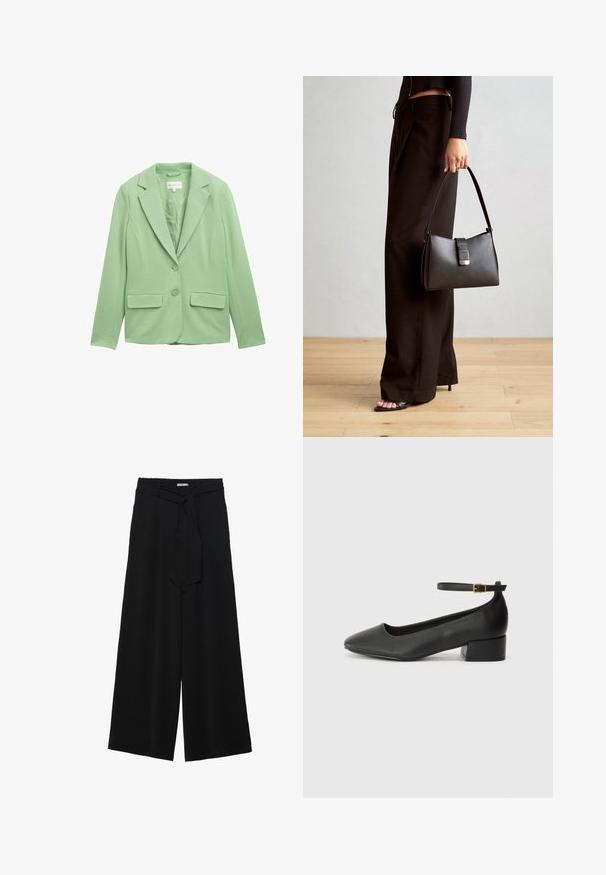 Vaaleanvihreä bleiseri, joka on valmistettu sileästä kankaasta. Siinä on pyöristetyt läpät, kaksi etutaskua ja kaksi nappia keskellä, mikä luo muotonsa mukaista ilmettä.; Pitkähihaiset t-paidat valkoisena, burgundinpunaisena ja mustana. Valmistettu pehmeästä kankaasta, jossa on pyöreä kaula-aukko ja vartalonmyötäinen muotoilu. Sopii hyvin kerroksittain käytettäväksi.; Mustat leveät housut, joissa on teksturoitu kangas, joustava vyötärö ja irrotettava nauha vyötäröllä säädettävää istuvuutta varten.; Mustat nahkakengät, joissa on terävä kärki ja matala lohkare korko. Varustettu nilkkahihnalla, jossa on kultasävyinen solki. Lisää sileä pinta.; Musta käsilaukku, jossa on rakenteellinen muoto, sileä pinta ja metallinen solki. Yhdistetty leveisiin mustiin housuihin ja avonaiheisiin sandaaleihin puulattialla.