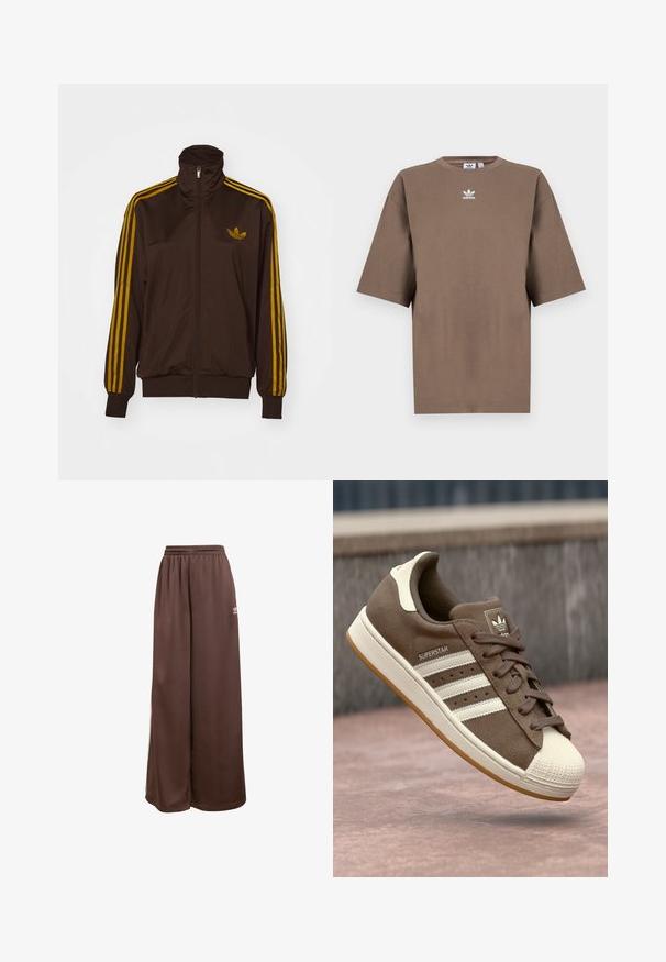 Casaco castanho com fecho éclair e gola alta, apresentando três riscas verticais amarelas em cada manga e um logótipo bordado no peito.; T-shirt de algodão castanho com mangas curtas, decote redondo e logo branco da Adidas centrado no peitoral, apresentando um design simples e um corte descontraído.; adidas Originals Calças de fato de treino - auburn cream white; Sapatilha de camurça castanha com riscas brancas, detalhes em creme e biqueira de borracha. Apresenta um design com atacadores e sola de borracha texturizada.