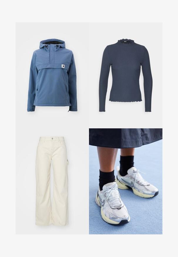 Blå vandtæt jakke med halv-zip-design, justerbar hætte, elastiske manchetter og sidelommer, fremstillet af glat, slidstærkt stof.; Marineblå langærmet top i ribbet tekstur. Har en høj hals med en bølget kant og en tætsiddende design.; Bredde bukser i lys beige stof, med høj talje, forlommer og en sidesløjfedetail for øget funktionalitet.; Hvide og sølv Nike sneakers med mesh-stof, reflekterende detaljer og en beige sål. Bæres med sorte sokker og står på en blå overflade.