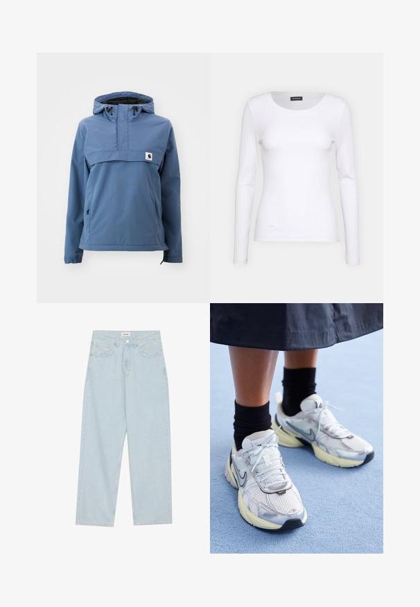 Jachetă albastră impermeabilă cu un design cu fermoar pe jumătate, glugă ajustabilă, manșete elastice și buzunare laterale, confecționată dintr-un material neted și durabil.; Top alb cu dungi, cu mânecă lungă și guler rotund. Fabricat dintr-un material elastic care se îmbină cu corpul. Are linii orizontale subtile.; Jeans largi de culoare albastră deschisă, din denim, cu talie medie, cinci buzunare și închidere cu buton având un accent metalic subțire.; Adidași Nike albi și argintii, cu material din plasă, accente reflexive și talpă bej. Purtați cu șosete negre, stând pe o suprafață albastră.