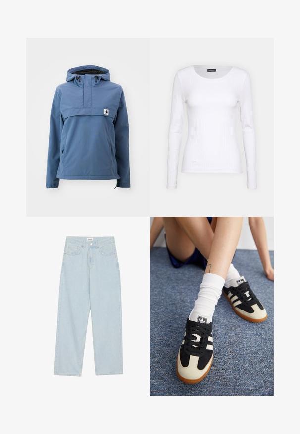 Chaqueta impermeable azul con diseño de media cremallera, capucha ajustable, puños elásticos y bolsillos laterales, fabricada con un tejido suave y duradero.; Top de manga larga blanco con cuello redondo. Fabricado en una tela elástica que se ajusta al cuerpo. Presenta sutiles líneas horizontales.; Jeans de mezclilla de pierna ancha en azul claro, con una cintura de altura media, cinco bolsillos y un cierre de botón con un acabado metálico delgado.; Zapatillas deportivas en blanco y negro con parte superior de ante y cuero, que presentan tres rayas blancas y una suela de goma. Par usado con calcetines blancos.