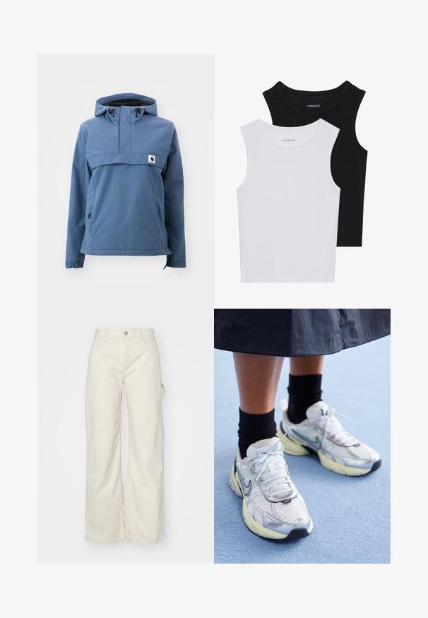 Modra vodoodporna jakna z zasnovo na pol zadrgo, nastavljivo kapuco, elastičnimi manšetami in stranskimi žepi, izdelana iz gladkega, trpežnega blaga.; Dve brezrokavne majice v črni in beli barvi, izdelane iz rebrastega bombaža, z okroglimi izrezi in prilegajočim oblikovanjem. Oznake so vidne na obeh.; Hlače širokih nogavic iz svetlo bež tkanine, z visokim pasom, sprednjimi žepi in stranjo z zanko za dodatno funkcionalnost.; Bele in srebrne Nike teniske z mrežasto tkanino, refleksnimi poudarki in bež podplatom. Nosi se z črnimi nogavicami, stoji na modri površini.