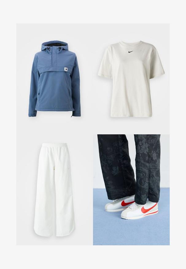 Modra vodoodporna jakna z zasnovo na pol zadrgo, nastavljivo kapuco, elastičnimi manšetami in stranskimi žepi, izdelana iz gladkega, trpežnega blaga.; Bela bomba iz bombaža z okroglim ovratnikom in kratkimi rokavi. Ima majhen črn Nike logotip na prsih. Preprost in neopazen dizajn.; Bela športna hlače širokega kroja z rebrastim pasom in diskretno logotipno podrobnostjo. Gladek material z sproščenim krojem in zoženim robom.; Bele Nike teniske z rdečimi akcenti, v kombinaciji z črnimi hlačami s cvetličnim vzorcem. Tekstura je gladka z ravnim pletenim podplatom.
