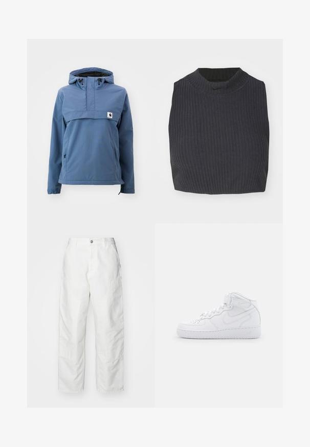Casaco impermeável azul com um design de meia zip, capuz ajustável, punhos elásticos e bolsos laterais, confeccionado em um tecido liso e durável.; Top cropped com textura em azul escuro, apresentando um decote alto e um discreto logo da Nike. O tecido tem uma aparência texturizada e elástica.; Calças cargo brancas feitas de denim, com um corte descontraído, bolsos laterais e detalhes de costura visíveis. Frente simples com fecho de botão.; Tênis brancos de cano alto feitos de couro, com colarinho acolchoado, ponta perfurada, cadarços e tira ajustável no tornozelo; logotipo na lateral.