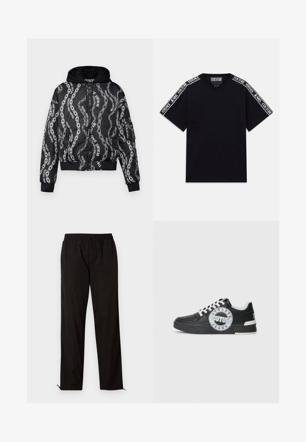 Black bomber jacket with a hood, featuring a chain pattern and white text. Material is sleek, with ribbed cuffs and waistband. Zipped front.; Black short-sleeve T-shirt with white "Versace Jeans Couture" text bands running along the shoulders and upper sleeves.; Black lightweight trousers with an elastic waistband, drawstring closure, and zippered hems for adjustable fit. Smooth, sleek texture.; Black leather sneakers with white accents, round logo detailing, perforated toe, and contrasting sole. Features white laces and branding.