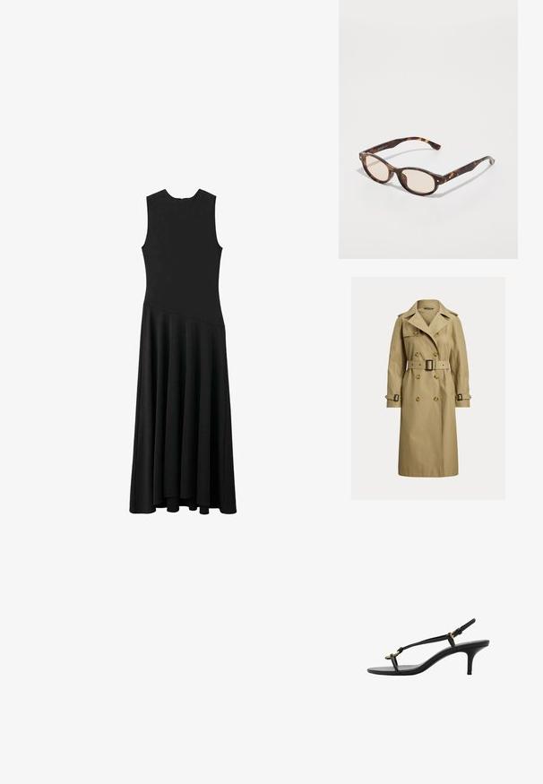 Klassisk beige trenchcoat i en bomullsmix, med dubbelknäppning, belagd midja och axelklaffar.; Svart ärmlös maxiklänning med snygg passform och utställd kjol, med en mjuk textur och minimalistisk design, inga synliga knäppningar.; Svart lädersandal med kitten heel, tunna remmar, guldspänne och minimalistisk tåloop på en vit bakgrund.; Sköldpaddsmönstrade solglasögon med rund form och ljusa linser. Har robusta bågar med små gulddetaljer, tillverkade av plastmaterial.; Svart läderhandväska med en strukturerad design, topphandtag, avtagbar rem och guldfärgad hårdvara på en magnetisk stängning.
