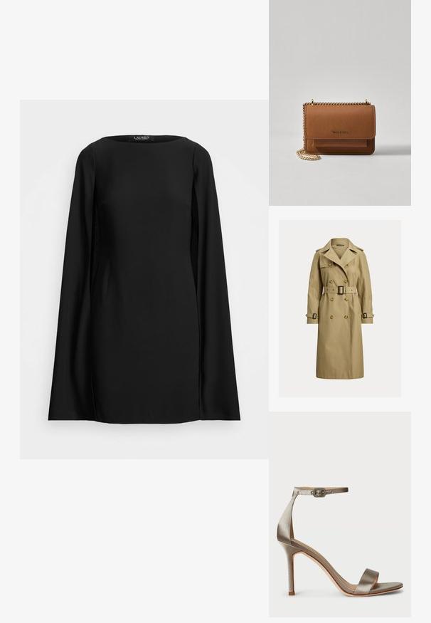 Klasyczny beżowy trencz wykonany z mieszanki bawełny, z podwójnymi guzikami, paskiem w talii i pagonami na ramionach.; Czarna sukienka z długim rękawem, okrągłym dekoltem, gładką teksturą i prostym krojem. Minimalistyczny design bez wzorów czy ozdób.; Srebrne satynowe sandały na wysokim obcasie z paskiem na kostkę, z dekoracyjną klamrą. Otwarty nosek i smukły, elegancki fason.; Brązowa skórzana torba na ramię z teksturą, z złotym łańcuszkiem i zapięciem na klapkę. Z przodu znajduje się detal z logo oraz kieszeń pod klapką.