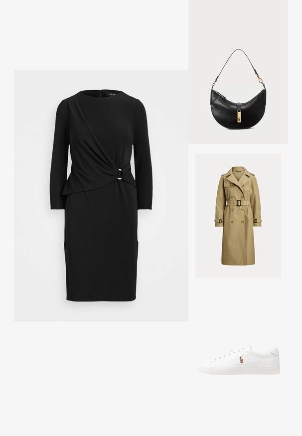 Klasikinis smėlio spalvos trenčkotis, pagamintas iš medvilnės ir elastano mišinio, su dvigubos sagtys, dirželiu talijoje ir pečių epauletėmis.; Juodas ilgomis rankovėmis suknelė su mazgo detale liemenyje, su apvalia iškirpte ir dviem kišenėmis, pagaminta iš lygaus, tampraus audinio.; Baltos odinės sportbačiai, žemo profilio, su lygia tekstūra, apvalia nosimi, raištelių sistema priekyje ir mažyte siuvinėta logo šone.; Juodos odos rankinė pusmėnulio forma. Papuošta auksinėmis detalėmis ir siaura juosta. Lygi tekstūra, užtrauktuko uždarymas viršuje.