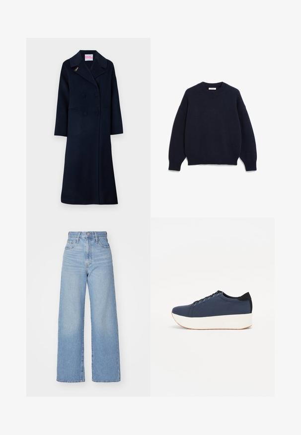 Marineblauwe double-breasted jas van wol, met een brede kraag, zijzakken en gouden "Fideli" borduursel op de revers.; Marineblauw gebreid sweater met een ronde halslijn, verlaagde schouders en ribbelboorden aan de mouwen en onderkant. Zachte textuur met eenRelaxed fit.; Lichtblauwe high-waist wijde jeans met een knoop- en ritssluiting aan de voorkant, voor- en achterzakken, op een witte achtergrond.; Marineblauwe sneaker met een textuurstof bovenwerk, witte platformzool, ronde neus en zwart hakaccent. Voorzien van zes gaatjes voor veters.