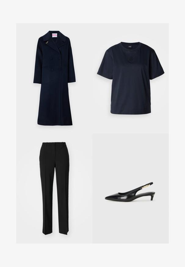 Abrigo navy de doble botonadura hecho de lana, con un amplio cuello, bolsillos laterales y bordado dorado "Fideli" en la solapa.; Camiseta de manga corta azul marino hecha de algodón suave. Presenta un cuello redondeado y un sutil logo bordado en el pecho.; Pantalones negros ajustados con un diseño de pierna recta, que presentan una textura suave y pliegues nítidos en el frente. Sin herrajes visibles.; Tacones negros de piel sintética tipo slingback con punta afilada, que cuentan con un tacón delgado y un detalle en tono dorado en la correa ajustable. Textura suave.