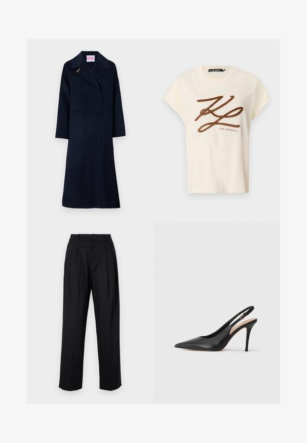 Cappotto doppiopetto navy in lana, con ampio colletto, tasche laterali e ricamo dorato "Fideli" sulla bavero.; T-shirt in cotone color crema con maniche corte, caratterizzato da un logo ricamato marrone e un design con scritta sul davanti.; Pantaloni neri con design sartoriale, caratterizzati da vita alta, pieghe e gamba dritta. Realizzati in un tessuto liscio di un colore uniforme.; Scarpa con tacco alto a punta in pelle nera, con una texture liscia e un delicato cinturino con una fibbia metallica.