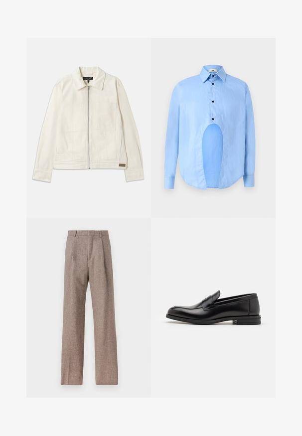 rag & bone SIMON GARAGE JACKET - Jeansjacke - ecru; Himmelblaues Langarmhemd mit spitzem Kragen, schwarzen Knöpfen und einem einzigartigen Ausschnitt vorne für ein markantes Design.; Braune, hochtaillierte Hose aus strukturiertem Stoff. Mit weitem Bein und zwei vorderen Bügelfalten für zusätzliche Form. Saubere Verarbeitung ohne sichtbare Hardware.; Schwarze Lederloafers mit glatter Textur, rundem Zehenbereich und einem dekorativen Riemen über dem Vorderfuß. Niedriger, gestapelter Absatz, minimalistisches Design.