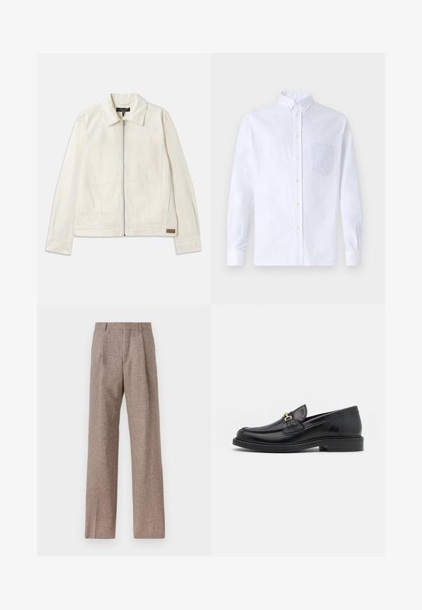 rag & bone SIMON GARAGE JACKET - Denim jacket - ecru; White long-sleeve button-up shirt made of cotton, featuring a chest pocket with tonal embroidery, a collar, and button cuffs.; Brown, high-waisted trousers made of textured fabric. Features wide legs and two front pleats for structure. Neat finish with no visible hardware.; Black leather loafers with a rounded toe, featuring gold hardware accent and stitching detail, set on a low, textured rubber sole.