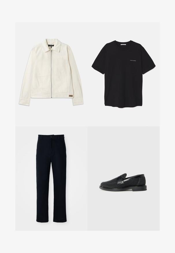 rag & bone SIMON GARAGE JACKET - Jeansjacke - ecru; Schwarzes Baumwoll-T-Shirt mit Rundhalsausschnitt, kurzen Ärmeln und weißem Logodruck auf der linken Brust. Einfaches, einfarbiges Design.; Dunkelblaue Baumwollhosen mit geradem Bein, einem Frontknopfverschluss und einem klassischen Bund mit Gürtelschlaufen.; Schwarzer geflochtener Slipper mit einem glatten Lederakzent im Obermaterial, einem runden Zehendesign und einer flachen Gummisohle.