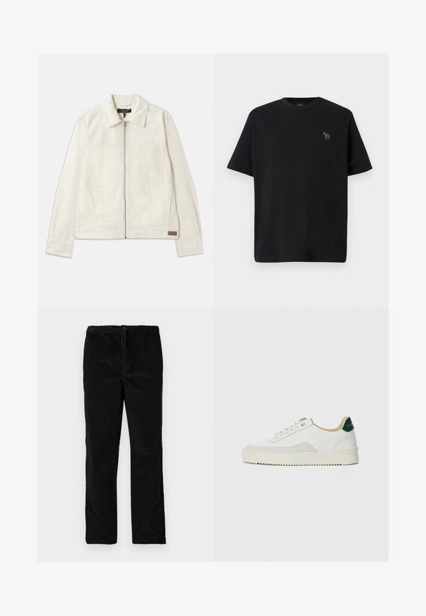 rag & bone SIMON GARAGE JACKET - Denimová bunda - ecru; Čierne bavlnené tričko s krátkymi rukávmi, okrúhlym výstrihom a jemným vyšitou logom koňa v sivej farbe na ľavej hrudi.; Čierne saténové nohavice s rovnými nohavicami, elastickým pásom a predným šnúrkovým zapínaním, vystavené na bielom pozadí.; Biele tenisky s semišovými akcentmi, zaoblenou špičkou, plochými šnúrkami a krémovou gumovou podrážkou. Na päte sú zelené značky.