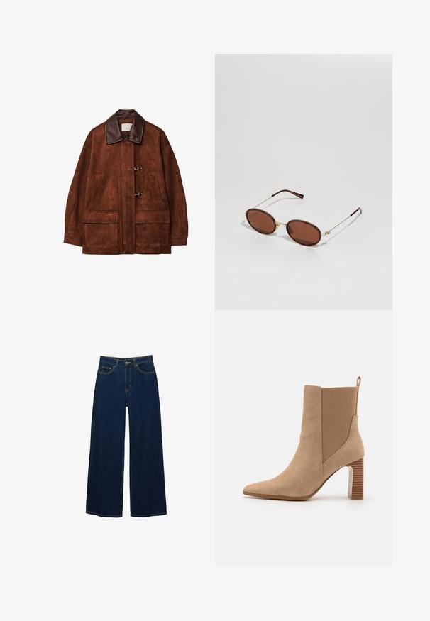 Rjava nubuk jakna z rjavim usnjenim ovratnikom, ki ima toggleske in dva velika sprednja žepa. Gladka tekstura in oversized dizajn.; Kratka majica s kratkimi rokavi, temno burgundske barve, izdelana iz teksturirane tkanine, z V-izrezom, tremi gumbi in oblikovanim ovratnikom.; Široke temnoplave jeans hlače iz denima, z visokim pasom, kontrastnim šivom, sprednjimi žepi in zapiranjem na gumb ter zadrgo.; Bežna gležnjača iz semiša z elastičnimi stranskimi paneli, koničastim nosom in črtastim blokastim peto. Ima zanko na hrbtni strani.; Rjave ovalne sončne očala z zlatim kovinskim okvirjem, tankimi ročaji in rjavimi lečami. Podrobnost logotipa na ročaju. Splošna gladka tekstura.