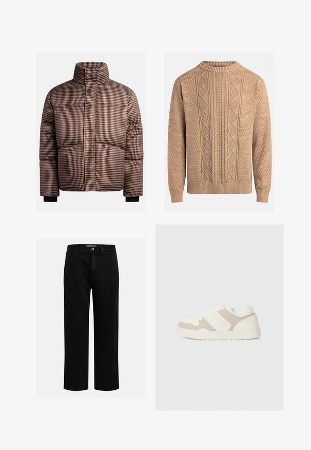 Giubbotto imbottito a quadri in tonalità di marrone e crema, con colletto alto, tasche frontali e polsini elasticizzati per una vestibilità aderente.; Maglione a maglia color beige con motivi testurizzati. Presenta un colletto rotondo, polsini a costine e diverse trame a trecce sul davanti.; Pantaloni in denim nero con taglio dritto, design classico a cinque tasche e chiusura con bottone in vita. Tessuto liscio e materiale resistente.; Sneaker bianca e beige caratterizzata da una combinazione di texture liscia e scamosciata, punta rotonda, chiusura con lacci e suola in gomma piatta.
