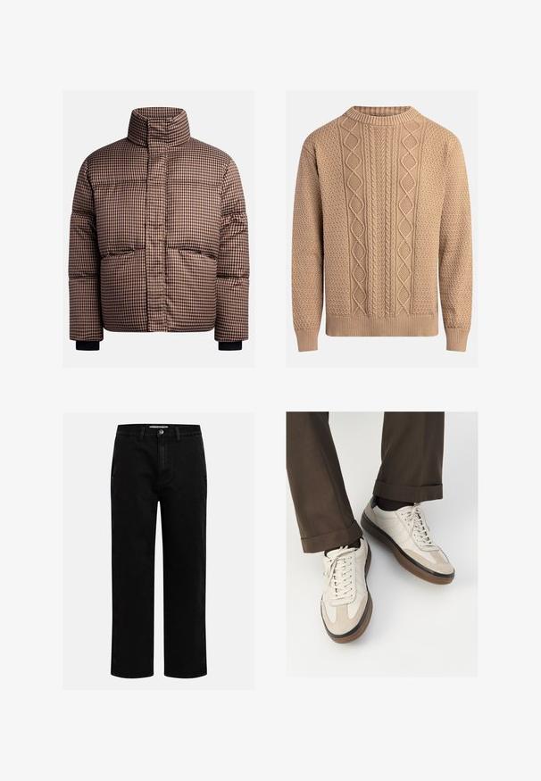 Checked puffer jacket in shades of brown and cream, featuring a high collar, front pockets, and elastic cuffs for a snug fit.; Knit sweater in beige with textured patterns. Features a crew neck, ribbed cuffs, and varied cable knit designs across the front.; Black denim pants with a straight-leg cut, classic five-pocket design, and a button closure at the waist. Smooth texture and durable fabric.; Beige sneakers with a textured suede front, smooth leather sides, and a brown rubber sole. Laces and light stitching detail included.