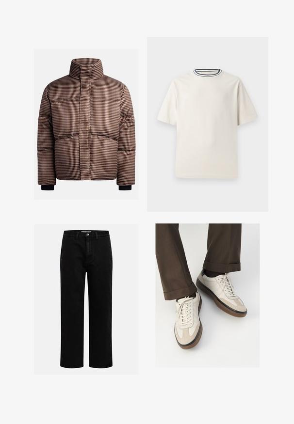 Doudoune à carreaux dans des teintes de marron et de crème, dotée d'un col haut, de poches avant et de poignets élastiques pour un ajustement parfait.; T-shirt en coton couleur crème à manches courtes, avec un col rond accentué de rayures bleu marine et blanches. Texture lisse, coupe décontractée.; Pantalons en denim noir avec une coupe droite, design classique à cinq poches et fermeture à bouton à la taille. Texture lisse et tissu durable.; Baskets beiges avec un devant en suède texturé, côtés en cuir lisse et semelle en caoutchouc brun. Lacets et détails de couture légère inclus.