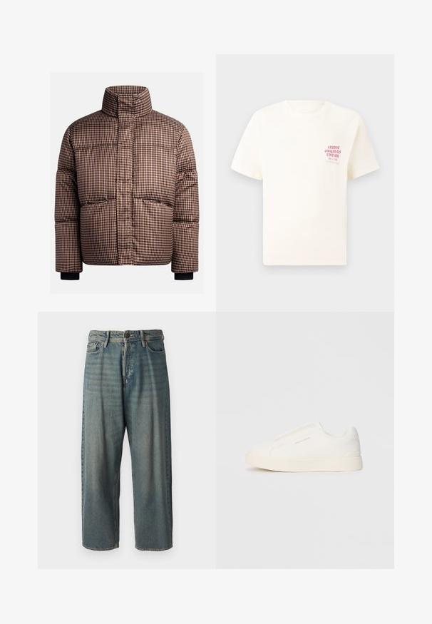 Sjekket pufferjakke i nyanser av brun og krem, med høy krage, frontlommer og elastiske mansjetter for en tett passform.; Hvit T-skjorte med korte ermer og rød tekst "Studio Originals Edition" på venstre bryst, vist på en nøytral grå bakgrunn.; Lyseblå denimjeans med løs passform, midjehøyde og rette ben. Har fem lommer, beltehemper og knappelukking.; Hvite slip-on joggesko med teksturert overflate, tykk såle og minimalistisk design. Har merkevarelogo på siden.