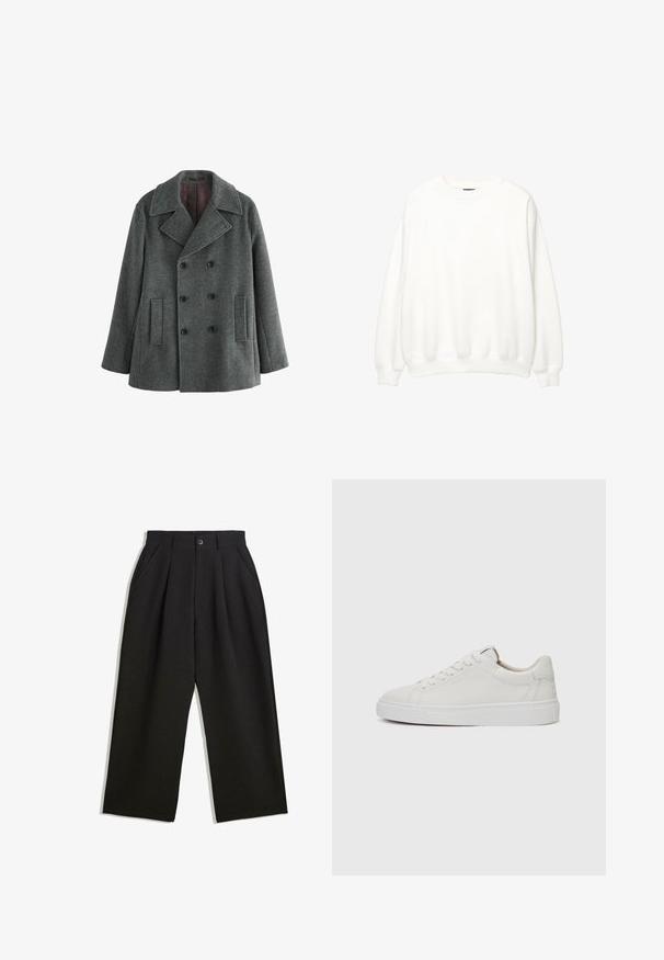 Grijze wollen dubbelbreasted jas met brede revers, twee voorkruimelzakken en een donkerrood Voering. Gewoven stof met een getailleerde pasvorm.; Witte sweatshirt, ronde hals, lange mouwen, relaxte pasvorm. Zachte stof met ribbelmanchetten en -zoom. Minimalistisch ontwerp, geen zichtbare logo's of patronen.; Zwarte broeken met een relaxte pasvorm, voorzien van plooien aan de voorzijde, zijzakken en een knoopsluiting. Gemaakt van textiel met structuur.; Witte leren lage sneakers met een ronde neus, platte witte rubberen zool en minimalistische stikseldetails. Veters vastgemaakt via zes oogjes.