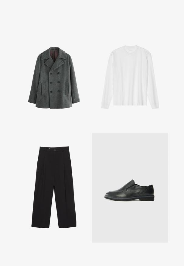 Gray wool double-breasted coat with wide lapels, two front pockets, and a dark maroon lining. Textured fabric with a tailored fit.; Long-sleeve white cotton t-shirt with a crew neck and ribbed cuffs. Simple, unembellished design, featuring smooth texture and standard fit.; Black wide-leg trousers made from smooth fabric, featuring a flat waistband, front pleats, and a single button closure.; Black leather slip-on shoe with a smooth upper, stitched accents, rounded toe, and a low rubber heel. Sole features minimal tread.